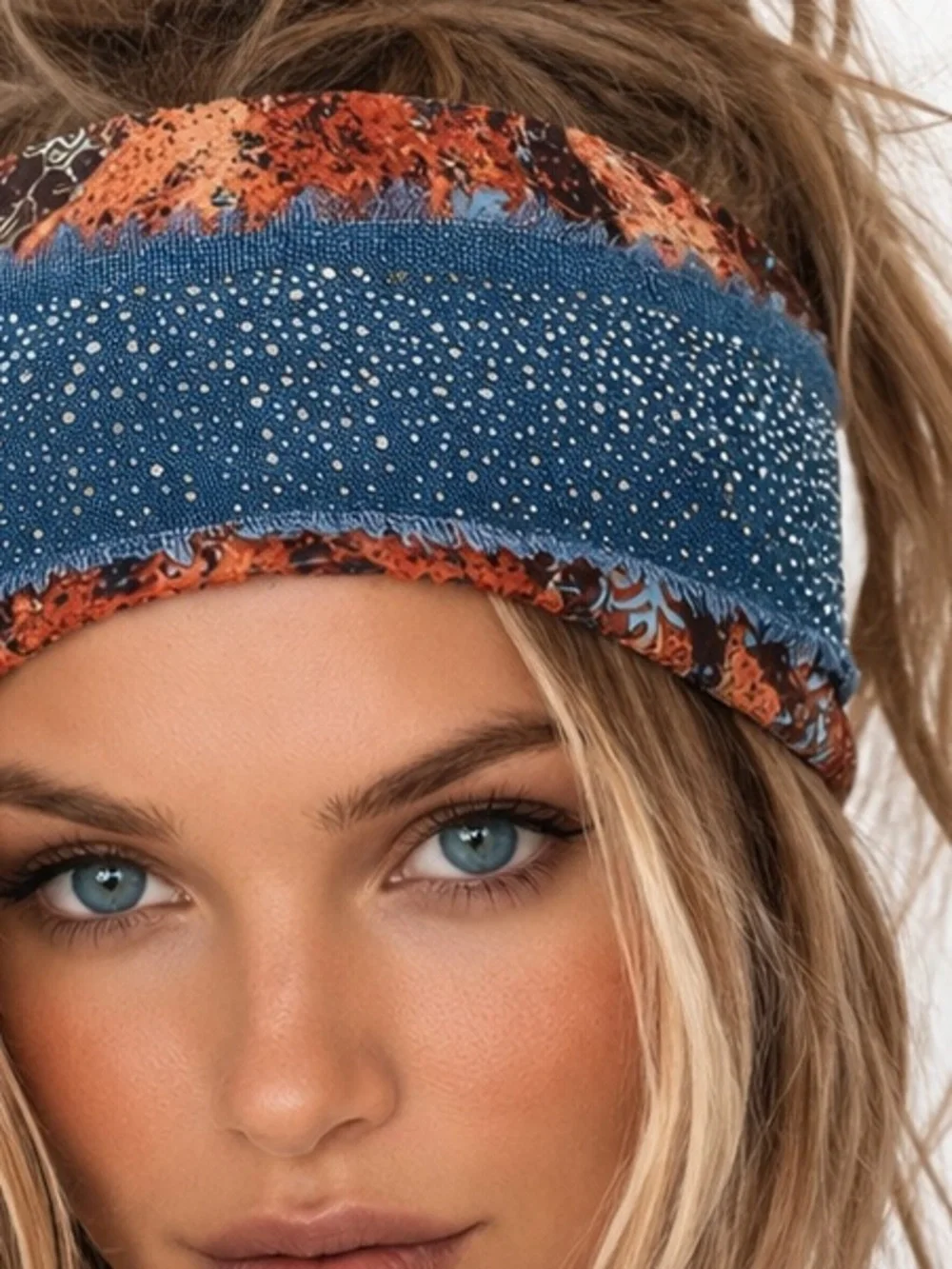Bohemian Hippie Patchwork Wide Headbands Duo Fits All Rhinestone Cotton Linen